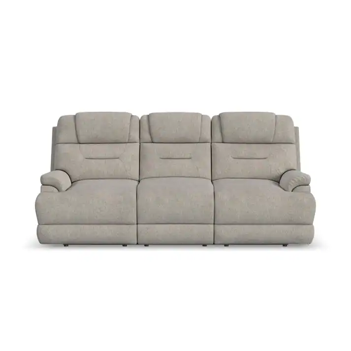 The Zofa Umber Power Sleep Sofa (Copy) is a three-seater in light gray with plush cushioned backs, padded armrests, and a smooth upholstered finish, shown from the front on a white background.