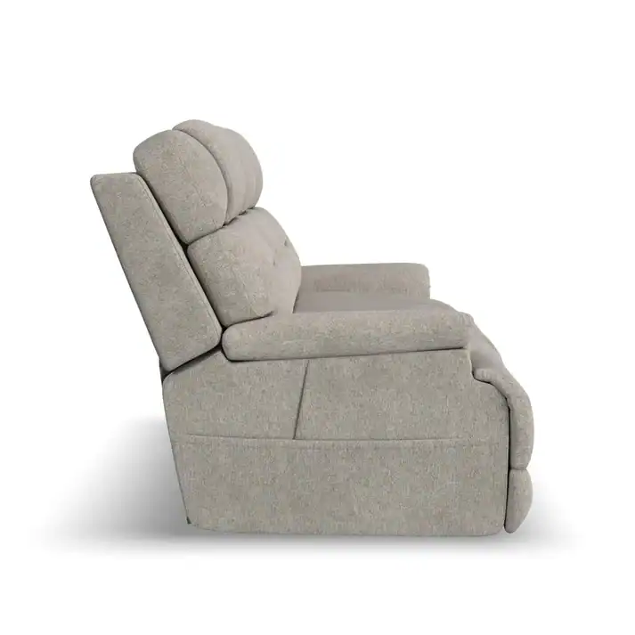 Side view of a plush, light gray reclining armchair with padded cushions—an ideal match for the Zofa Umber Power Sleep Sofa (Copy)—displayed against a white background.