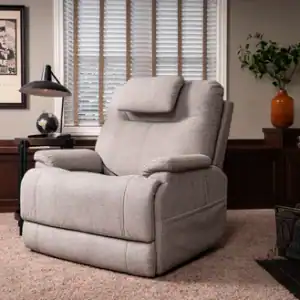 The Model 1 Power Lift Chair, in large gray, sits on a beige carpet in a cozy living room with wood paneling, a brick fireplace, a side table, and a potted plant. A framed poster is displayed above the chair.