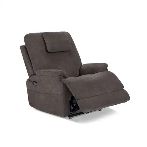 The Model 2 Plus Shell Exclusive (Copy) is a plush brown reclining armchair with a padded backrest, headrest, and extended footrest. It features soft fabric upholstery and thick cushioning for superior comfort.