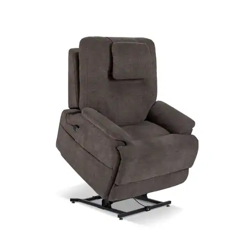 The Model 2 Plus Shell Exclusive (Copy) brown upholstered power lift recliner chair is elevated on a metal base to assist standing, featuring padded armrests, backrest, and headrest.