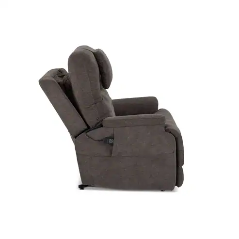 The Model 2 Plus Umber Power Lift Recliner in dark gray is shown from the side in a partially reclined position, featuring plush cushions and a built-in side pocket for the remote.