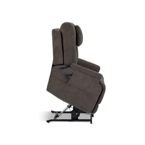 Side view of the Model 2 Plus Umber Power Lift Recliner, partially elevated on its metal base. This chair is designed to help users stand up with ease.