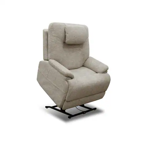 The Model 2 Plus Shell Exclusive is a light gray fabric recliner chair with a headrest and padded armrests, elevated on a black metal base to aid users in standing.