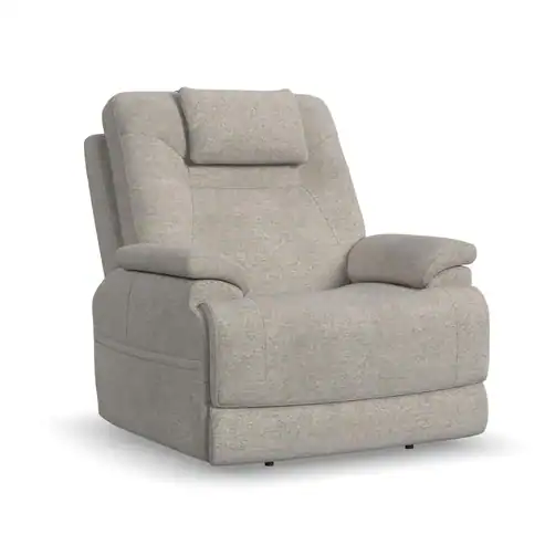 A plush light gray Model 2 Plus Shell Exclusive recliner chair with thick padding, high backrest, cushioned armrests, and soft fabric upholstery is shown against a white background.