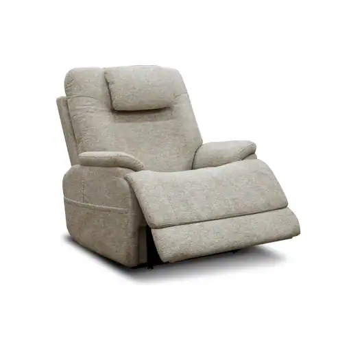 The Model 2 Plus Shell Exclusive is a light gray upholstered recliner with padded armrests, backrest, and extended footrest, displayed on a plain white background.