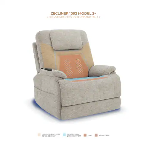 A beige recliner chair labeled to show high-resiliency foam, memory foam, heat, and air massage. Text: "Model 2 Plus Shell Exclusive, recommended for users 6'0” and taller.