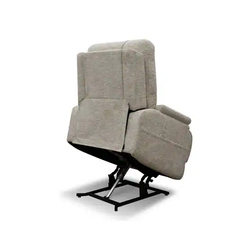 The Model 2 Plus Shell Exclusive, a beige upholstered lift chair recliner, is shown partially raised on a black metal frame designed to help users stand up.