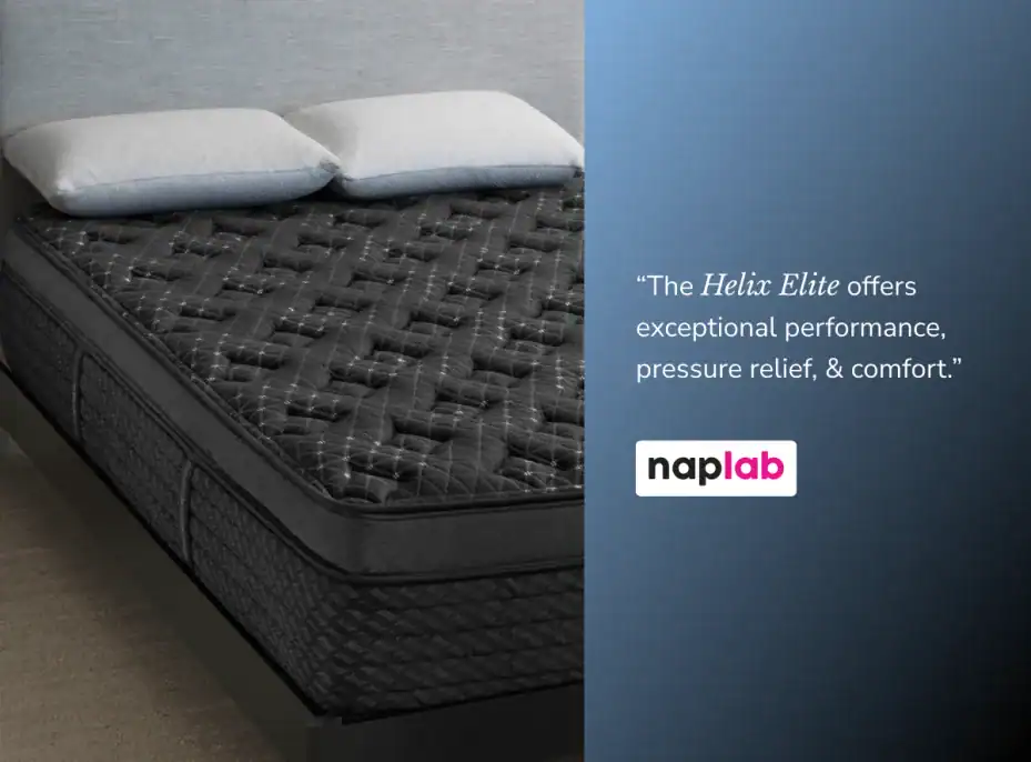 A black quilted Helix Sunset Elite (Copy) mattress with two gray pillows rests on a bed frame. By the bed is a review: “The Helix Elite offers exceptional performance, pressure relief, & luxury comfort.” Naplab logo below.