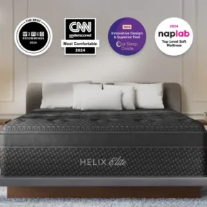 A modern bedroom with a Helix Midnight Elite (Copy) mattress on a platform bed, awards above the headboard, and a banner below offering 25% off everything with code PRIMETIME25.