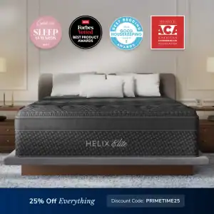 A modern bedroom features a Helix Moonlight mattress on a platform bed, two nightstands, three award badges above the bed, and a banner for 25% off everything with code PRIMETIME25.