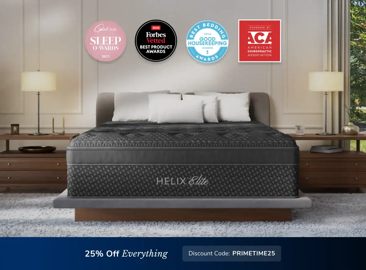 A modern bedroom features a Helix Moonlight mattress on a platform bed, two nightstands, three award badges above the bed, and a banner for 25% off everything with code PRIMETIME25.