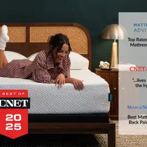 A woman in a striped dress smiles while lying on her stomach on a bed in a modern bedroom, as text showcases the Leesa Legend Hybrid Mattress and its 2023 top mattress awards from Mattress Advisor, CNET, and Medical News Today.
