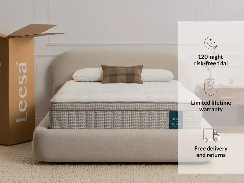 A Leesa Reserve Hybrid Mattress rests on a beige frame with a checked pillow, next to an open Leesa box. Text highlights a 120-night trial, lifetime warranty, plus free delivery and returns.