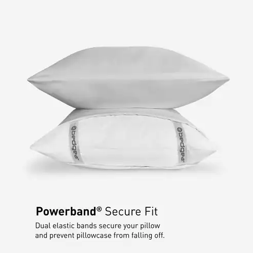 Two white pillows stacked, the bottom featuring two "Powerband" elastic bands that secure the pillowcase in place. Text below highlights Hyper - Cotton Performance Sheets’ secure fit and enhanced comfort.