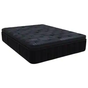 Southerland's Pioneer Jumbo Pillow Top mattress, black and rectangular with a textured quilted pillow top and thick sides, is shown from a low angle against a white background.