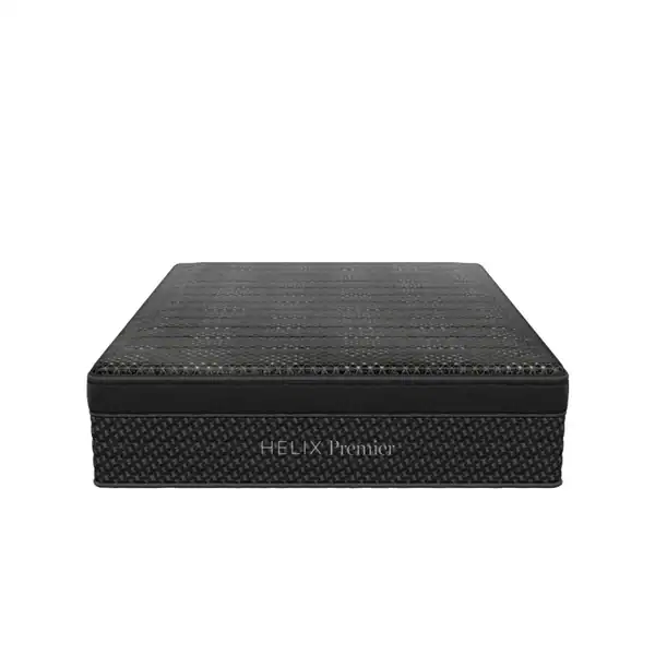 The Helix Premier Firm Hybrid Mattress is black and rectangular with a textured fabric pattern and "Helix Premier" label on the front, displayed against a white background.