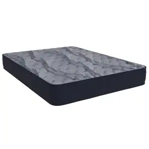 Southerland's Stagecoach Medium mattress has a rectangular shape, a dark blue fabric base, and a gray-and-white patterned quilted top, displayed against a white background.