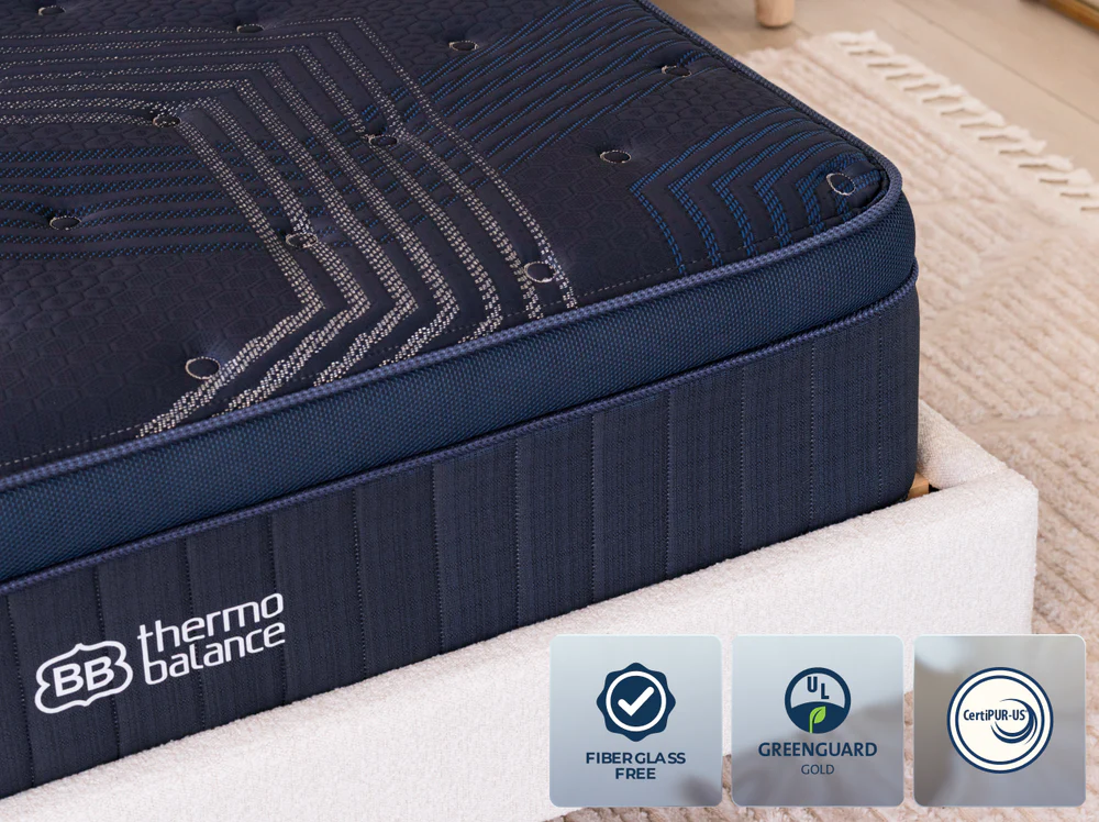 Close-up of a blue ThermoBalance Soft mattress on a light bed frame shows detailed stitching. Icons below highlight that it’s fiberglass free, Greenguard Gold certified, and CertiPUR-US certified for advanced temperature control.
