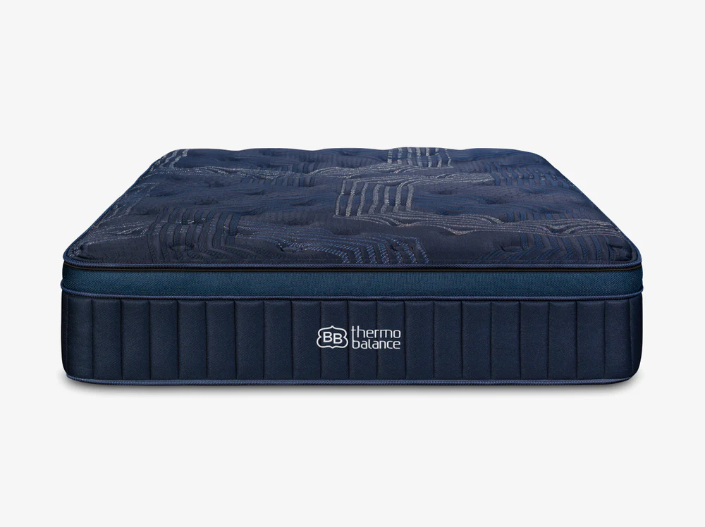A dark blue, rectangular ThermoBalance Elite mattress with a quilted top and logo on the side, displayed against a plain white background.